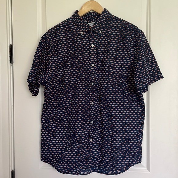 Old Navy Men’s Fish Pattern Camp Shirt Blue/Salmon L - Picture 1 of 6